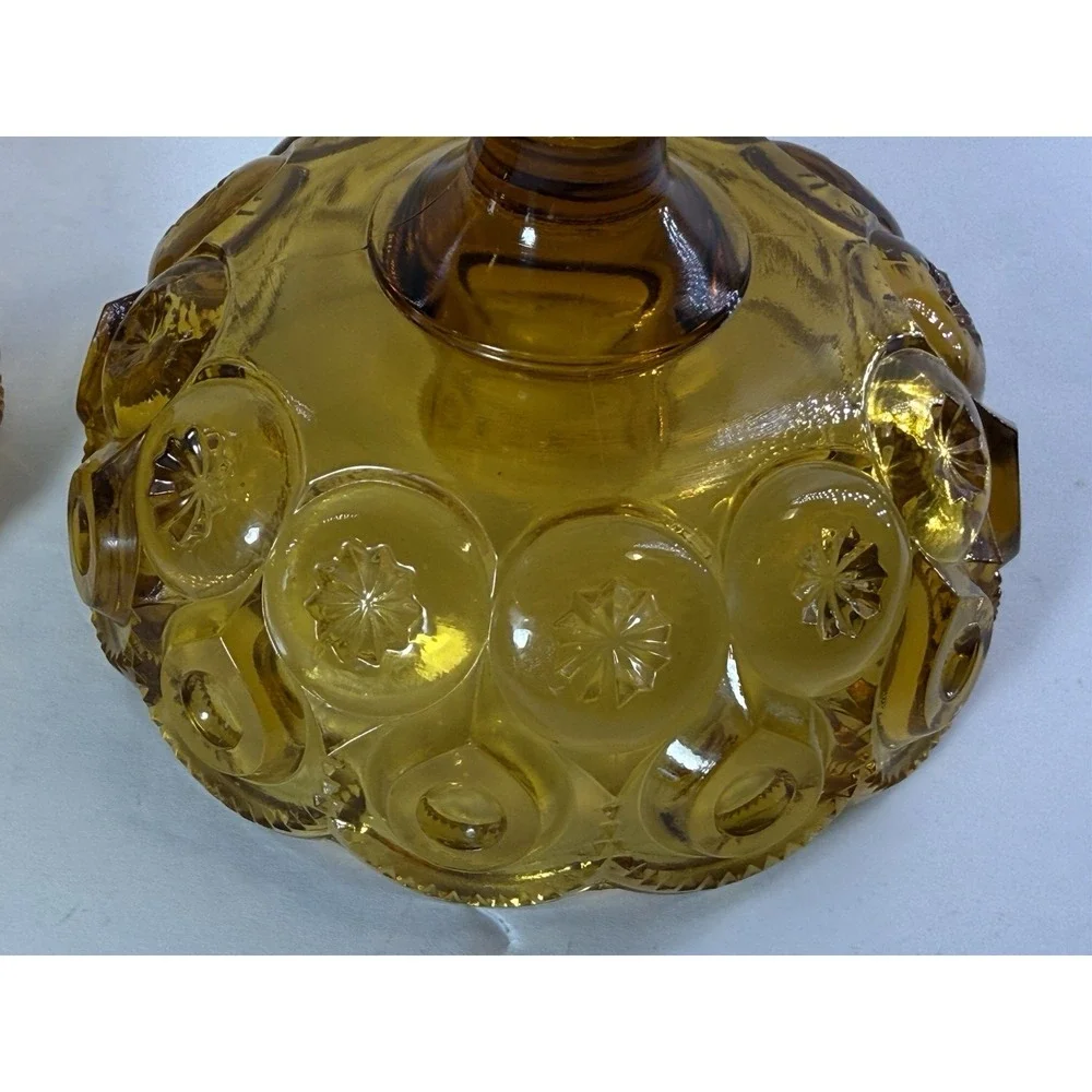 Vintage LE Smith Amber Moon and Star Glass Candle Holder Footed Compote Bowl Lot